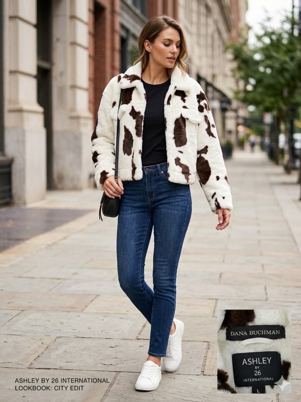 Ashley by 26 Women's Cow/animal Print Faux Fur Cropped Trucker Jacket Large